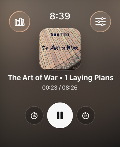 ChronoListen playback controls on Apple Watch showing The Art of War